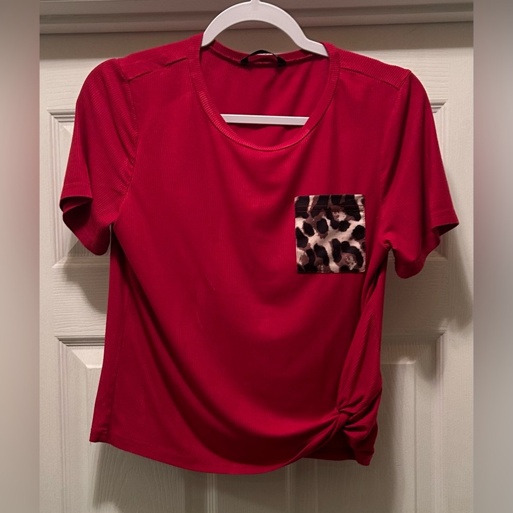 SHEIN Red Top with Leopard Print Pocket
